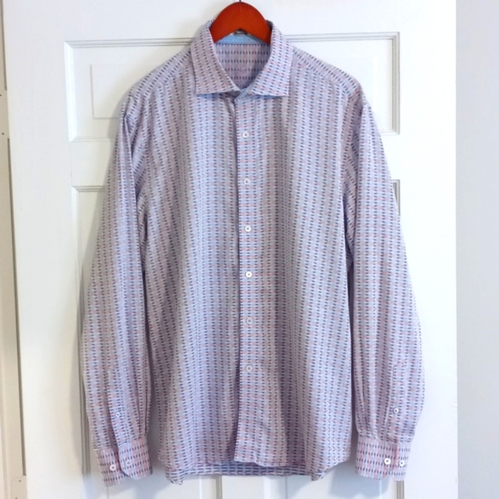 💗Bugatchi💗 - Blue/Pink/Orange Woven Stripe "Shaped Fit" L/S Button Down